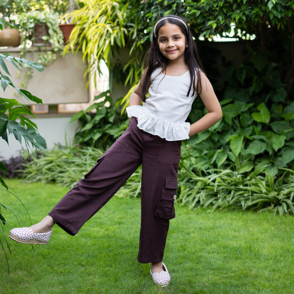 Girls - Brown Cotton Flax Elasticated High-Rise Cargo Pant