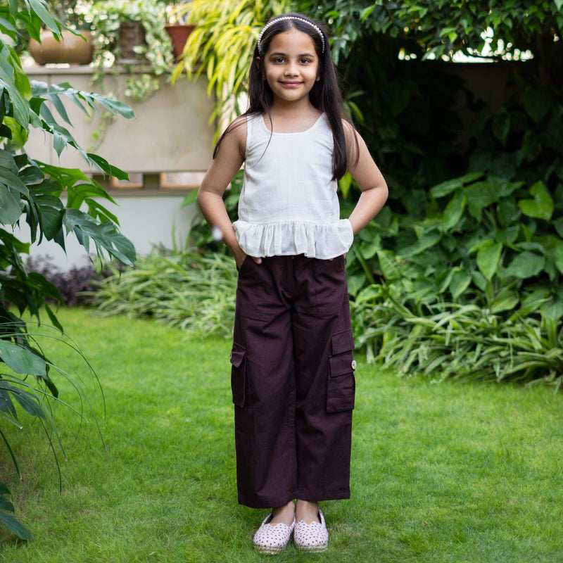 Girls - Brown Cotton Flax Elasticated High-Rise Cargo Pant