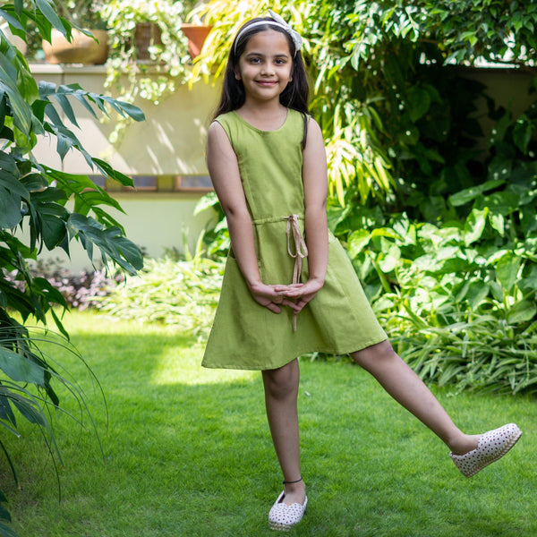 Girls - Khaki Green Cotton Flax Princess Line Short Dress