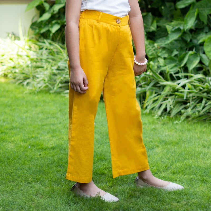 Girls - Mustard Cotton Flax Elasticated Wide Legged Pant