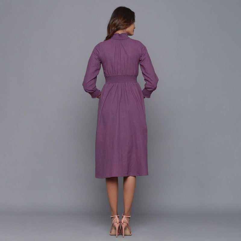Back View of a Model wearing Grape Wine Flannel High Neck Midi Dress