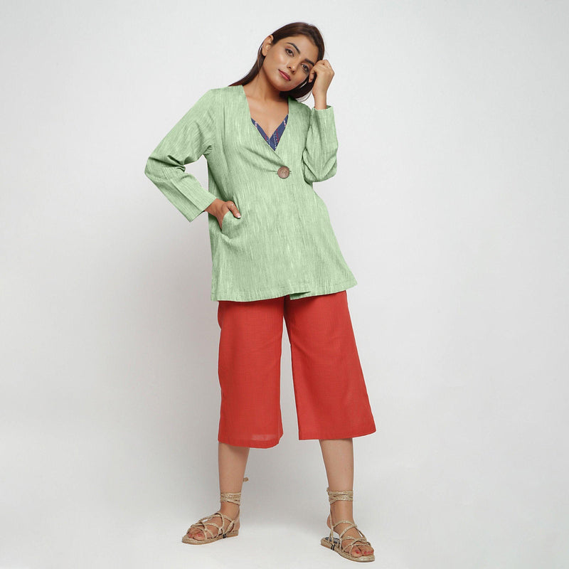 Front View of a Model wearing Green 100% Cotton Flared Short Jacket