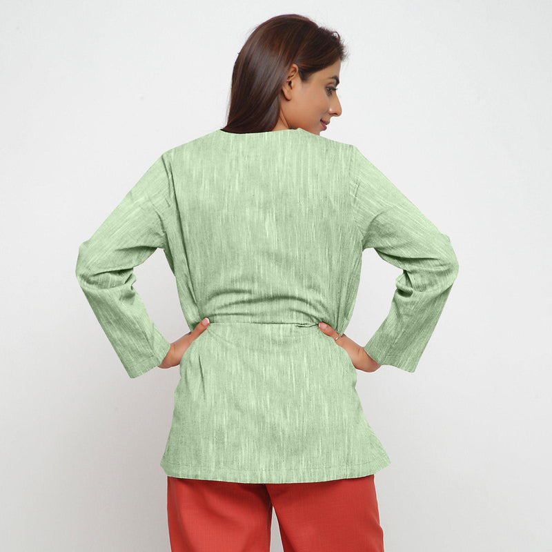Back View of a Model wearing Green 100% Cotton Flared Short Jacket