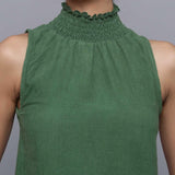 Front Detail of a Model wearing Green Cotton Corduroy High Neck Top