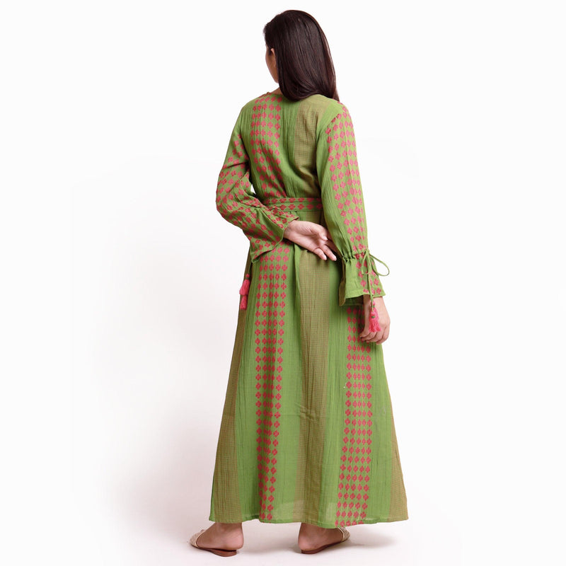 Back View of a Model wearing Green Yarn Dyed Cotton Ankle Length Bohemian Dress