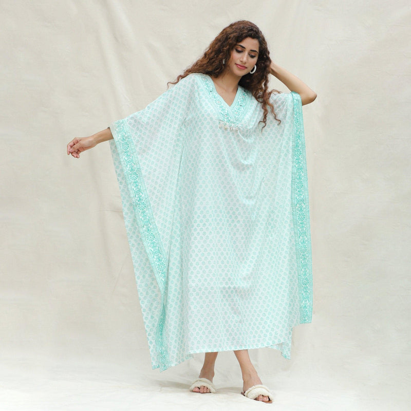 Front View of a Model wearing Green Floral Block Printed Cotton Maxi Kaftan Dress