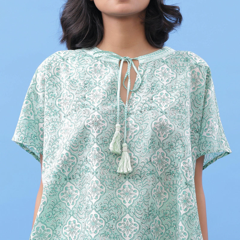 Front Detail of a Model wearing Green Hand Block Printed A-Line Cotton Top
