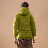 Back View of a Model wearing Green Reversible Detachable Hoodie Quilted Cotton Jacket