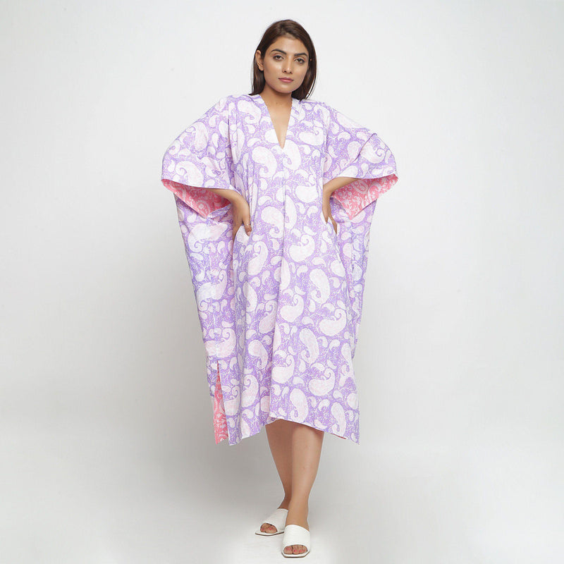 Front View of a Model wearing Reversible Mid Calf Length Cotton Kaftan