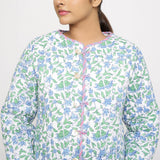 Front Detail of a Model wearing Hand-Block Printed Reversible Quilted Cotton Jacket