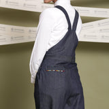 Back Detail of a Model wearing Indigo 100% Cotton Denim Strap Sleeve Dungaree