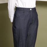 Front Detail of a Model wearing Indigo Cotton Denim Tapered Pant