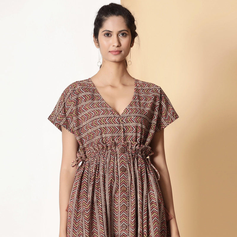Front Detail of a Model wearing Kalamkari Block Printed Cotton Knee Length Frilled Dress