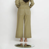 Back View of a Model wearing Khaki Green Vegetable Dyed Handspun Cotton Patch Pocket Wide Legged Pant