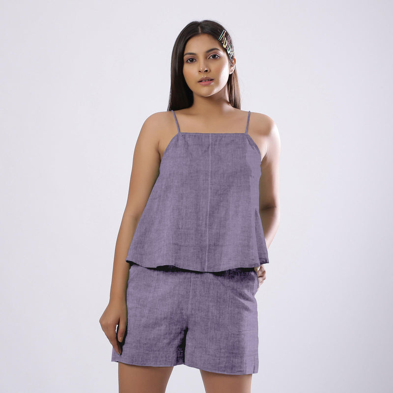 Front View of a Model wearing Lavender 100% Linen Flared Relaxed Camisole Top