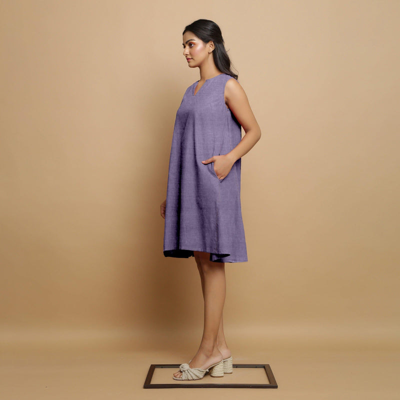Lavender Cotton Linen Hand Embroidered Knee-Length Godet Dress