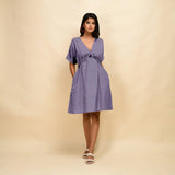 Lavender Cotton Linen V-Neck Knee Length Blouson Dress
