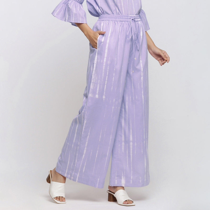 Right View of a Model wearing Lavender Hand Tie Dye Cotton Elasticated Wide Legged Pant