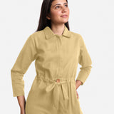 Front Detail of a Model wearing Light Khaki Wide Legged Cotton Overall