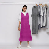 Magenta Cotton Linen V-Neck Midi Pinafore Dress