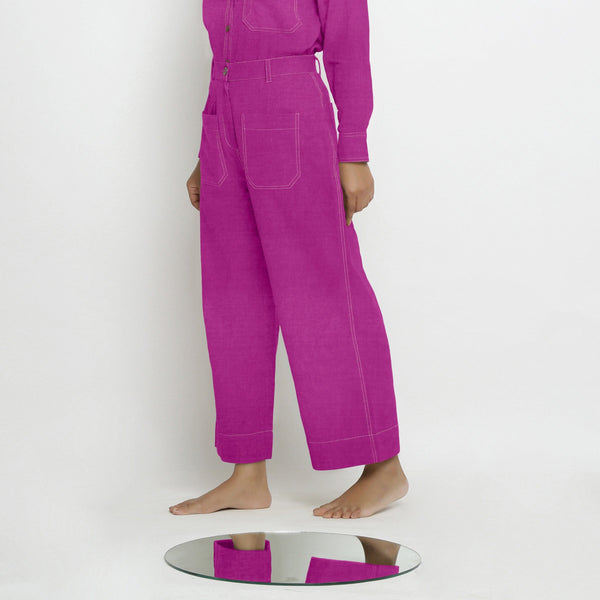 Left View of a Model wearing Magenta Linen Patch Pocket Wide Legged Pant