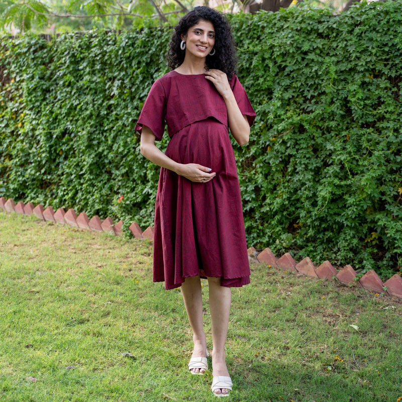 Maroon Handspun Cotton Fit and Flare Knee Length Pre and Post Maternity Dress
