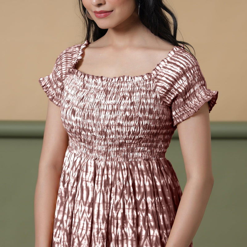 Front Detail of a Model wearing Maroon Shibori Elasticated Gathered Dress
