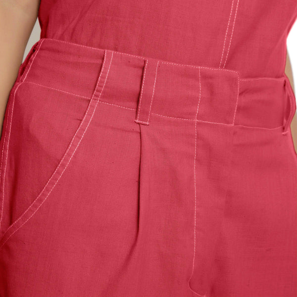 Front Detail of a Model wearing Mid-Rise Vegetable Dyed Red Cotton Culottes