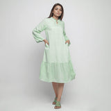 Front View of a Model wearing Mint Green Cotton Chambray Midi Dress