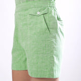 Left Detail of a Model wearing Mint Green Handspun Mid-Rise Shorts