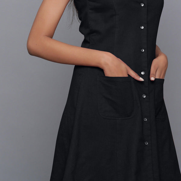 Front Detail of a Model wearing Moonlight Black Flannel Button-Down Dress