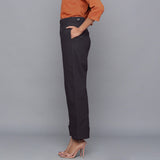 Left View of a Model wearing Moonlight Black Flannel Rolled-Up Straight Pant