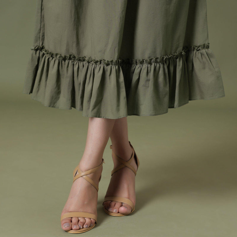 Close View of a Model wearing Moss Green A-Line Ruffled Cotton Skirt