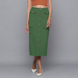 Front View of a Model wearing Moss Green Button-Down Midi Skirt