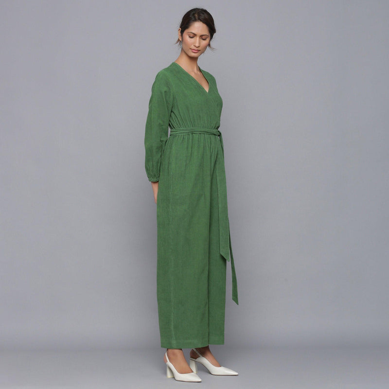 Right View of a Model wearing Moss Green Corduroy Comfy Jumpsuit