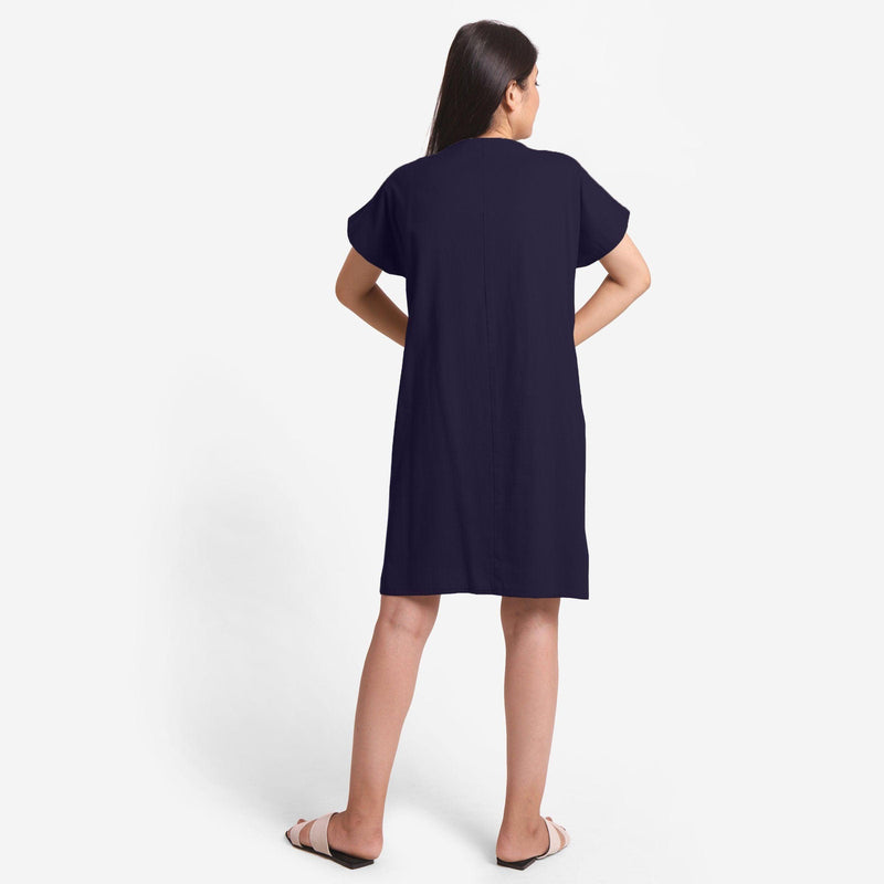 Back View of a Model wearing Navy Blue Cotton Flax V-Neck Tunic