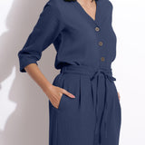 Front Detail of a Model wearing Navy Blue Cotton Waffle Relaxed Culottes