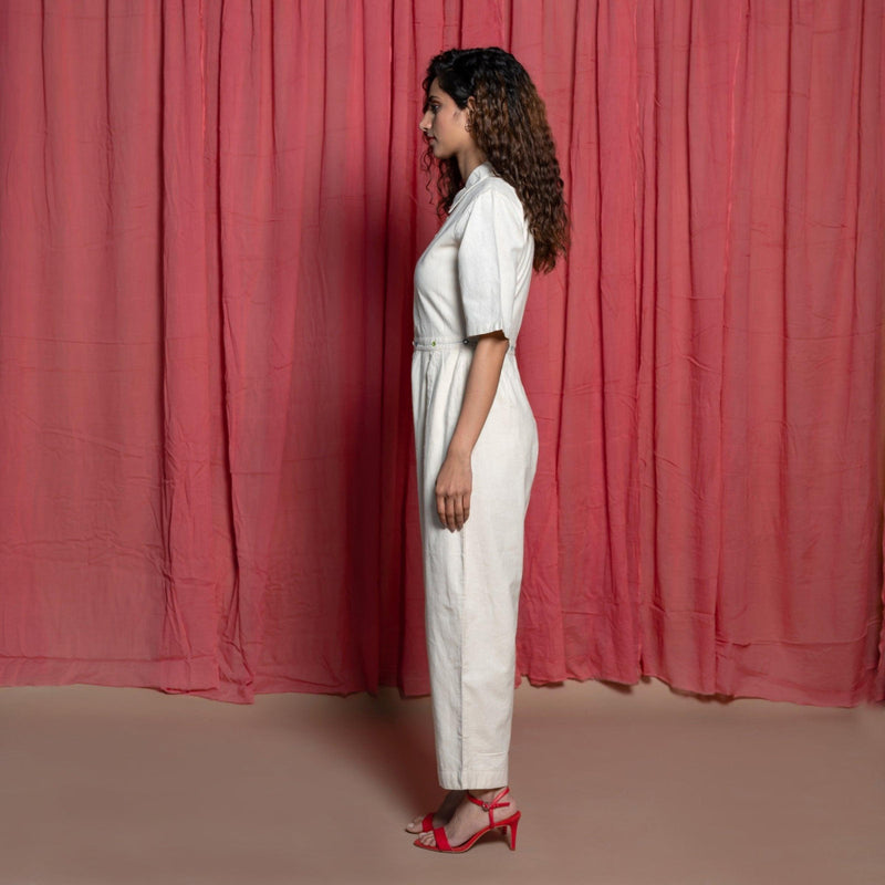 Left View of a Model wearing Off-White Embroidered Cotton Muslin High-Rise Overalls