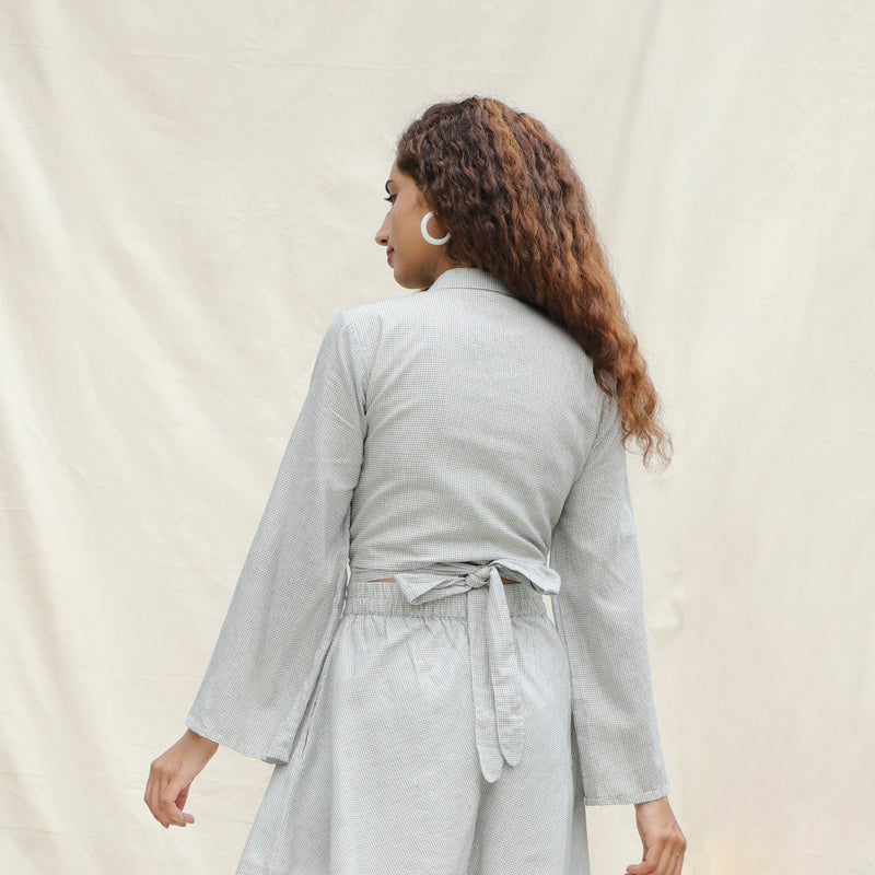 Back View of a Model wearing Off-White Checks Handspun Cotton Muslin Wrap Crop Top