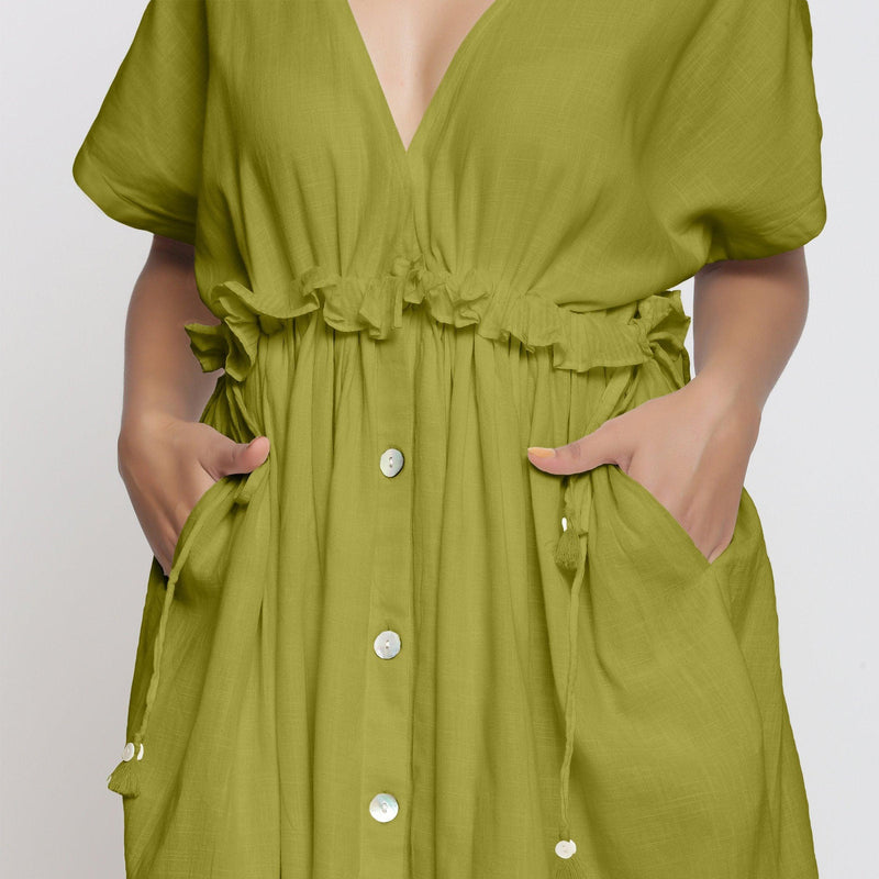 Front Detail of a Model wearing Olive Green Deep Neck Bohemian Frilled Dress