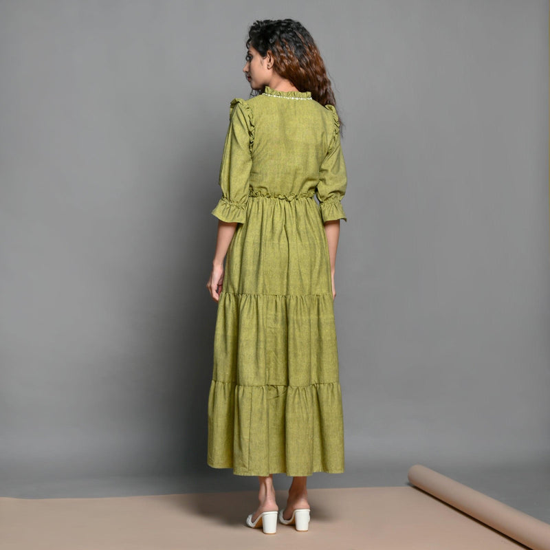 Back View of a Model wearing Olive Green Hand Beaded Handspun Cotton Maxi Boho Dress