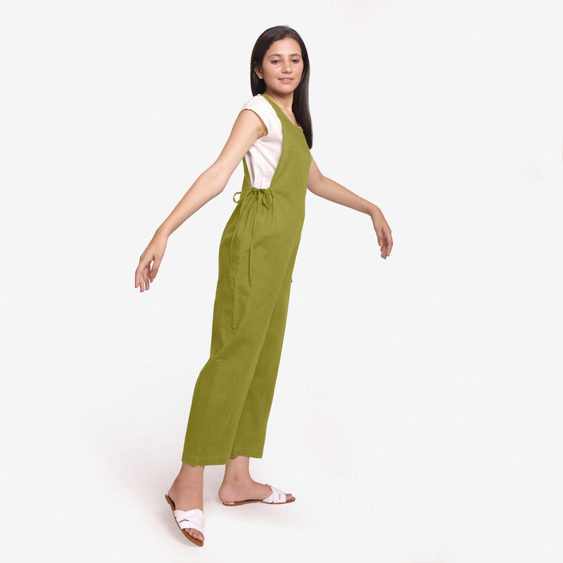 Right View of a Model wearing Olive Green Waist Tie Up Pinafore Jumpsuit