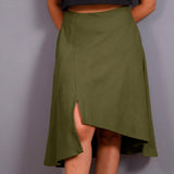 Olive Green Warm Cotton Flannel High-Rise Front Slit Asymmetric Skirt