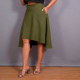 Olive Green Warm Cotton Flannel High-Rise Front Slit Asymmetric Skirt