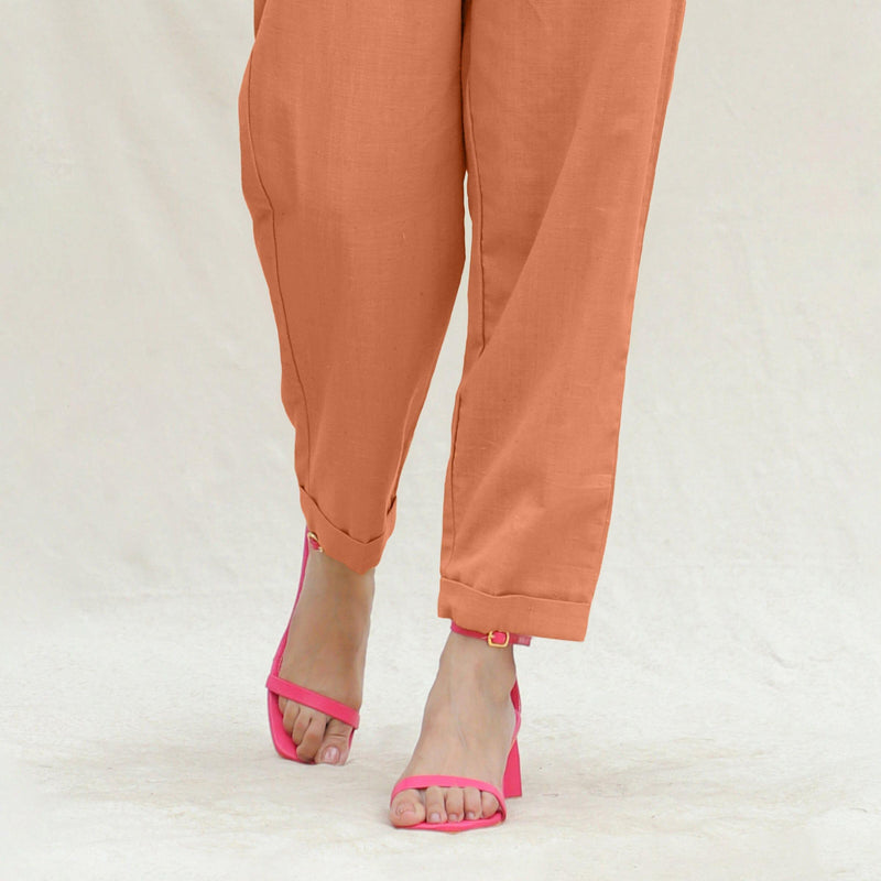 Orange Handspun Cotton High-Rise Elasticated Paperbag Pant