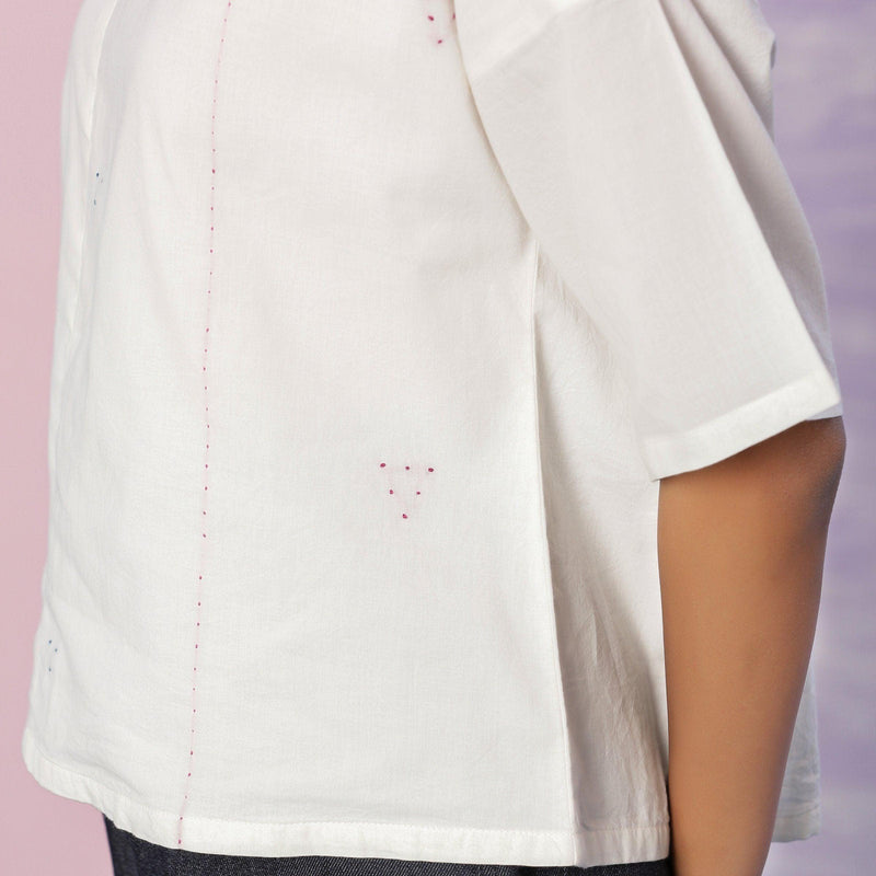 Left Detail of a Model wearing Organic Cotton Hand Embroidered Paneled Top