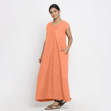 Front View of a Model wearing Peach Cotton Flax A-Line Paneled Dress