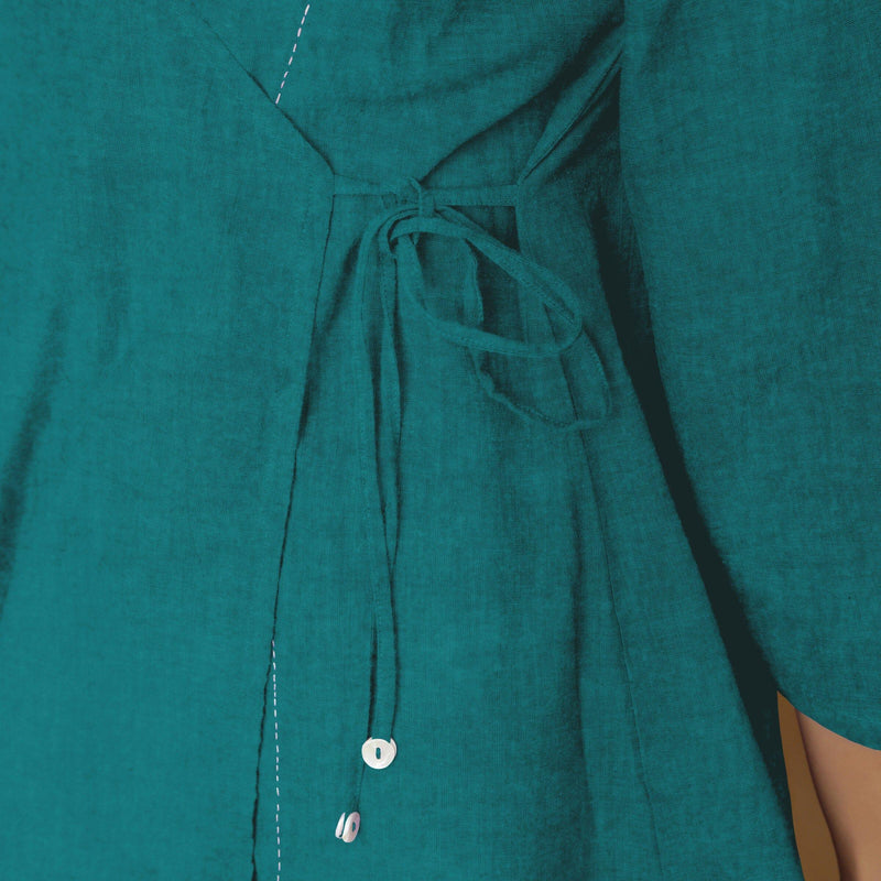 Pine Green Cotton Linen Asymmetrical V-Neck Godet Top