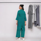 Pine Green Cotton Linen Comfort Fit High Neck Jumpsuit
