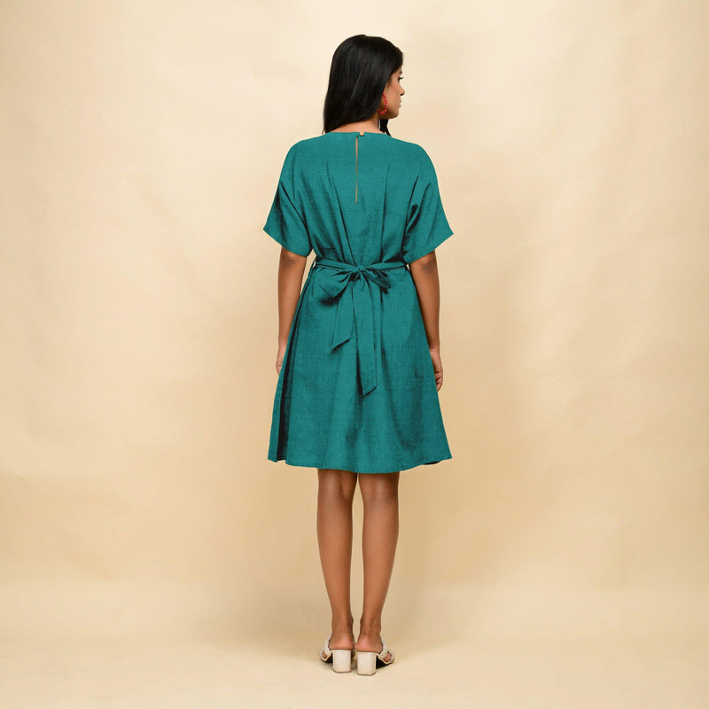 Pine Green Cotton Linen V-Neck Knee Length Blouson Dress